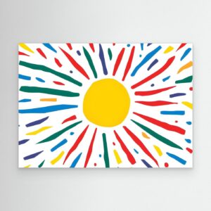 Radiant Sunburst Abstract A vibrant abstract illustration featuring a bright yellow sun surrounded by colorful expressive rays. Inspired by sunshine and positive energy, this playful abstract artwork showcases a bold yellow circular center with colorful radiating strokes in red, blue, green, and yellow. The cheerful composition is ideal for children's spaces, modern interiors, educational environments, greeting cards, and creative design projects.