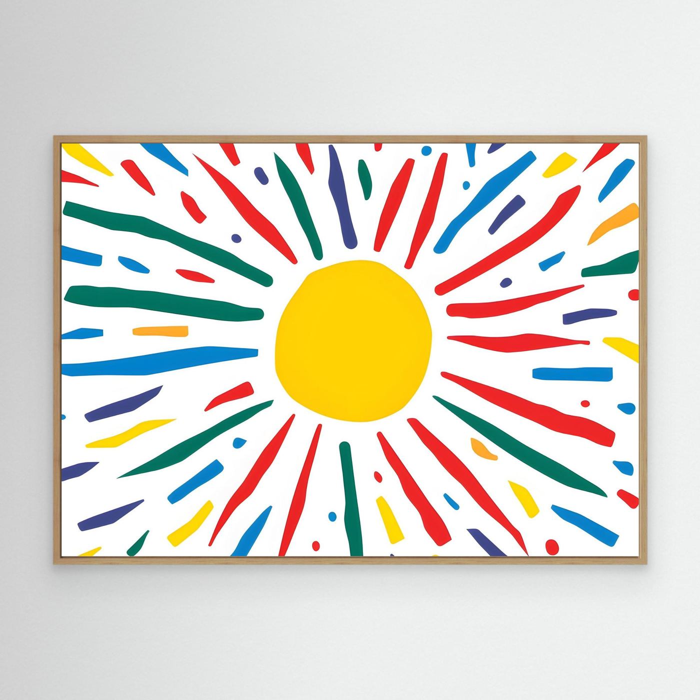 Radiant Sunburst Abstract A vibrant abstract illustration featuring a bright yellow sun surrounded by colorful expressive rays. Inspired by sunshine and positive energy, this playful abstract artwork showcases a bold yellow circular center with colorful radiating strokes in red, blue, green, and yellow. The cheerful composition is ideal for children's spaces, modern interiors, educational environments, greeting cards, and creative design projects.