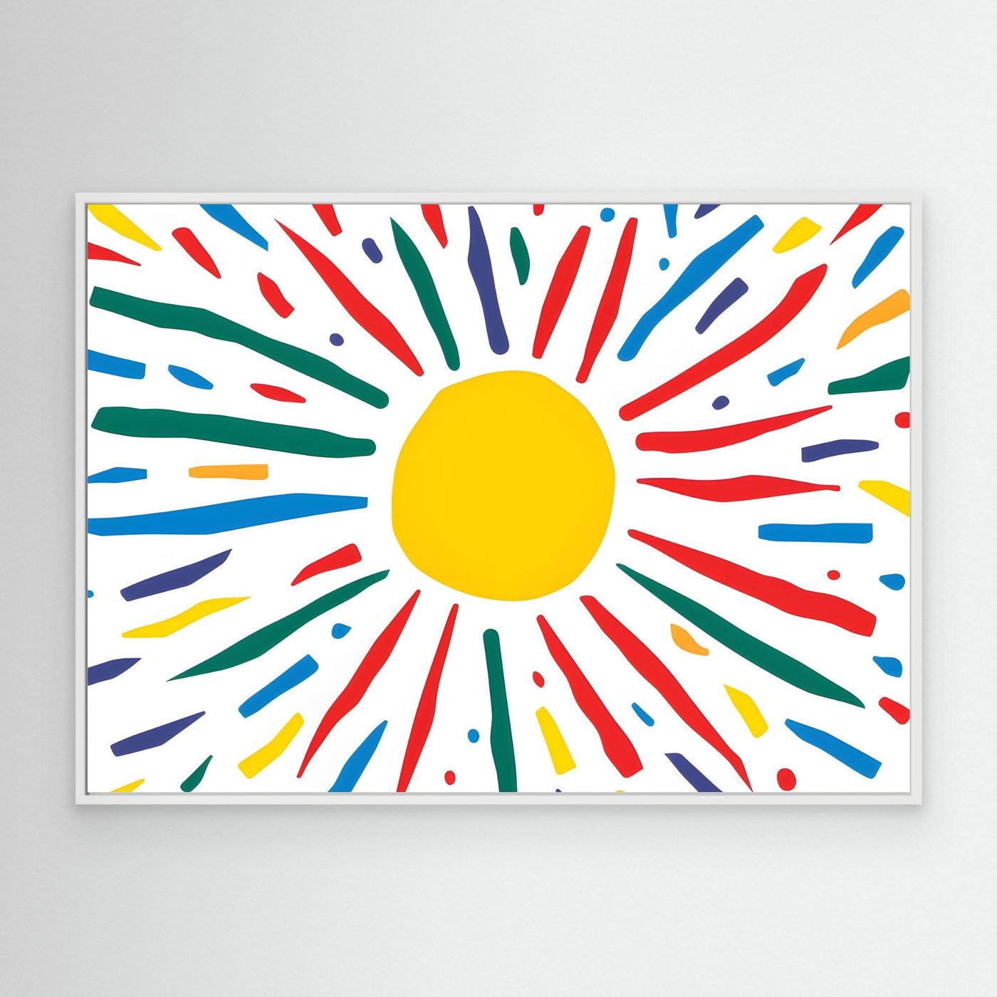 Radiant Sunburst Abstract A vibrant abstract illustration featuring a bright yellow sun surrounded by colorful expressive rays. Inspired by sunshine and positive energy, this playful abstract artwork showcases a bold yellow circular center with colorful radiating strokes in red, blue, green, and yellow. The cheerful composition is ideal for children's spaces, modern interiors, educational environments, greeting cards, and creative design projects.