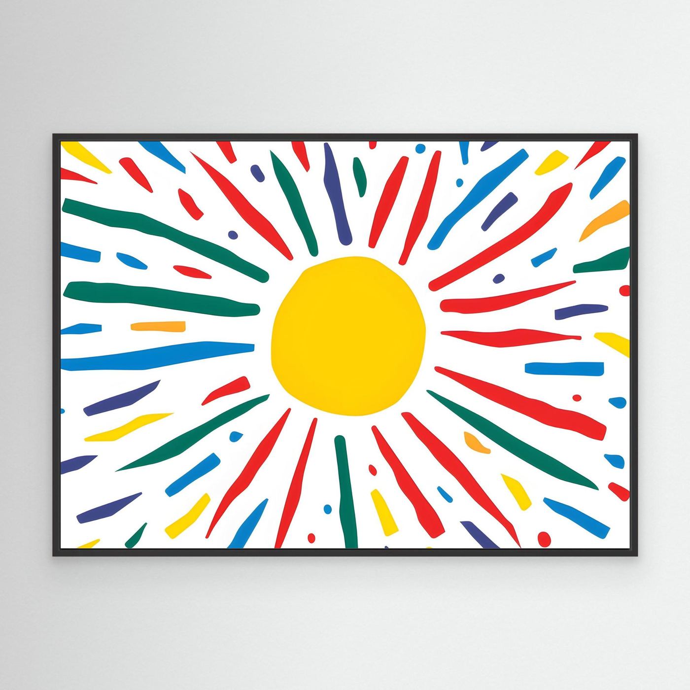 Radiant Sunburst Abstract A vibrant abstract illustration featuring a bright yellow sun surrounded by colorful expressive rays. Inspired by sunshine and positive energy, this playful abstract artwork showcases a bold yellow circular center with colorful radiating strokes in red, blue, green, and yellow. The cheerful composition is ideal for children's spaces, modern interiors, educational environments, greeting cards, and creative design projects.