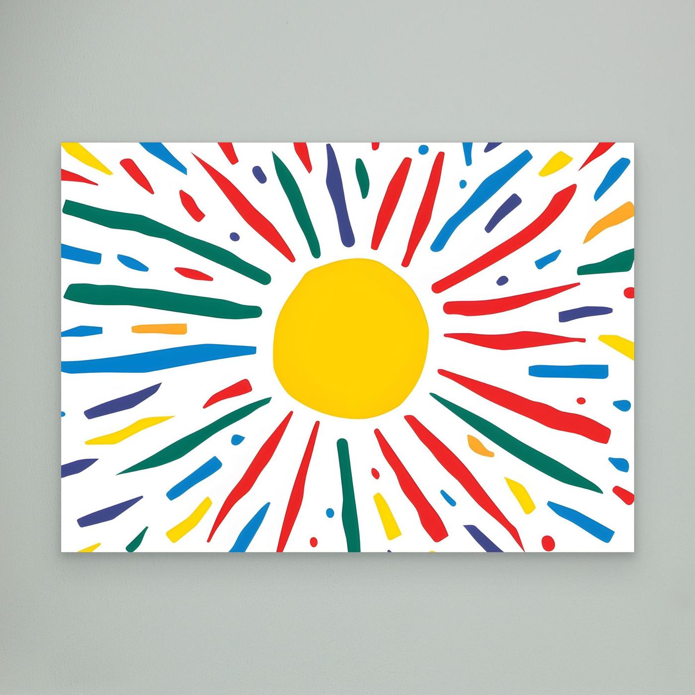 Radiant Sunburst Abstract A vibrant abstract illustration featuring a bright yellow sun surrounded by colorful expressive rays. Inspired by sunshine and positive energy, this playful abstract artwork showcases a bold yellow circular center with colorful radiating strokes in red, blue, green, and yellow. The cheerful composition is ideal for children's spaces, modern interiors, educational environments, greeting cards, and creative design projects.