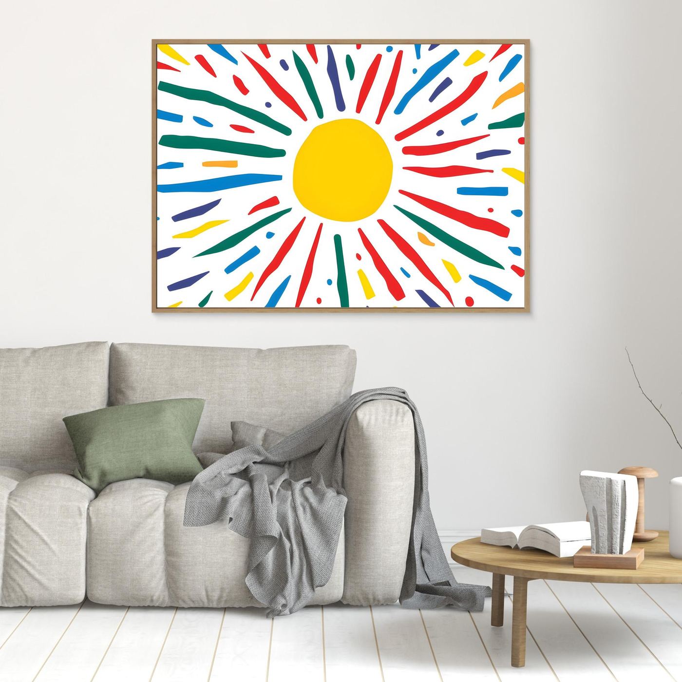 Radiant Sunburst Abstract A vibrant abstract illustration featuring a bright yellow sun surrounded by colorful expressive rays. Inspired by sunshine and positive energy, this playful abstract artwork showcases a bold yellow circular center with colorful radiating strokes in red, blue, green, and yellow. The cheerful composition is ideal for children's spaces, modern interiors, educational environments, greeting cards, and creative design projects.