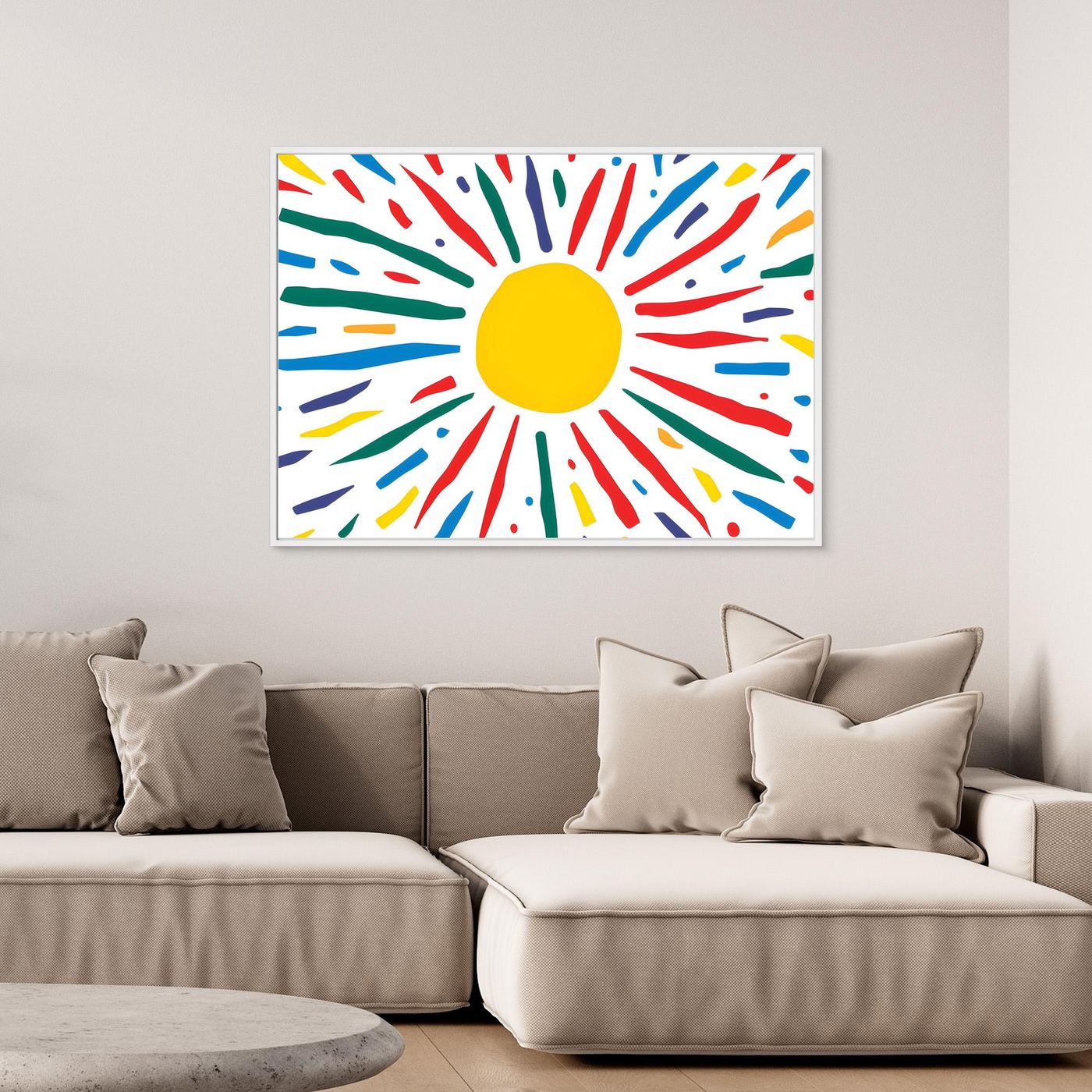 Radiant Sunburst Abstract A vibrant abstract illustration featuring a bright yellow sun surrounded by colorful expressive rays. Inspired by sunshine and positive energy, this playful abstract artwork showcases a bold yellow circular center with colorful radiating strokes in red, blue, green, and yellow. The cheerful composition is ideal for children's spaces, modern interiors, educational environments, greeting cards, and creative design projects.