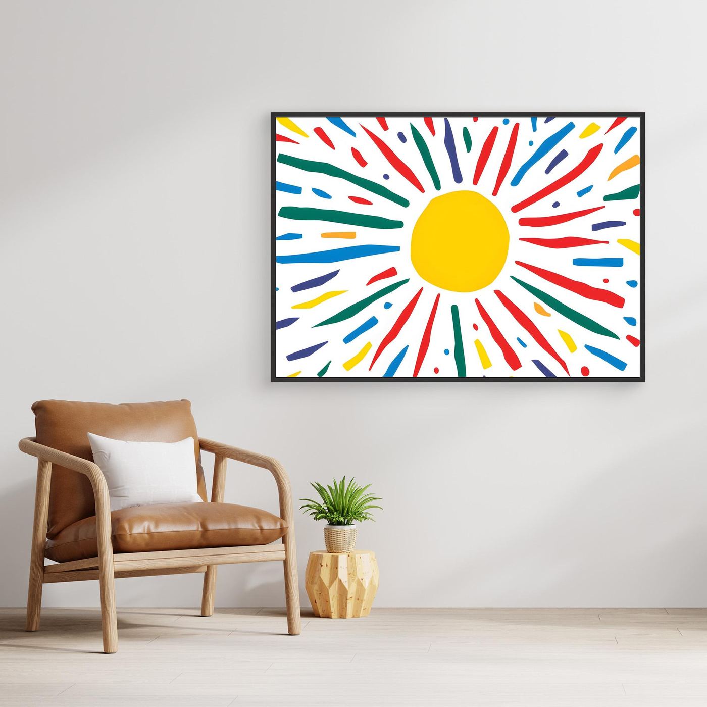 Radiant Sunburst Abstract A vibrant abstract illustration featuring a bright yellow sun surrounded by colorful expressive rays. Inspired by sunshine and positive energy, this playful abstract artwork showcases a bold yellow circular center with colorful radiating strokes in red, blue, green, and yellow. The cheerful composition is ideal for children's spaces, modern interiors, educational environments, greeting cards, and creative design projects.