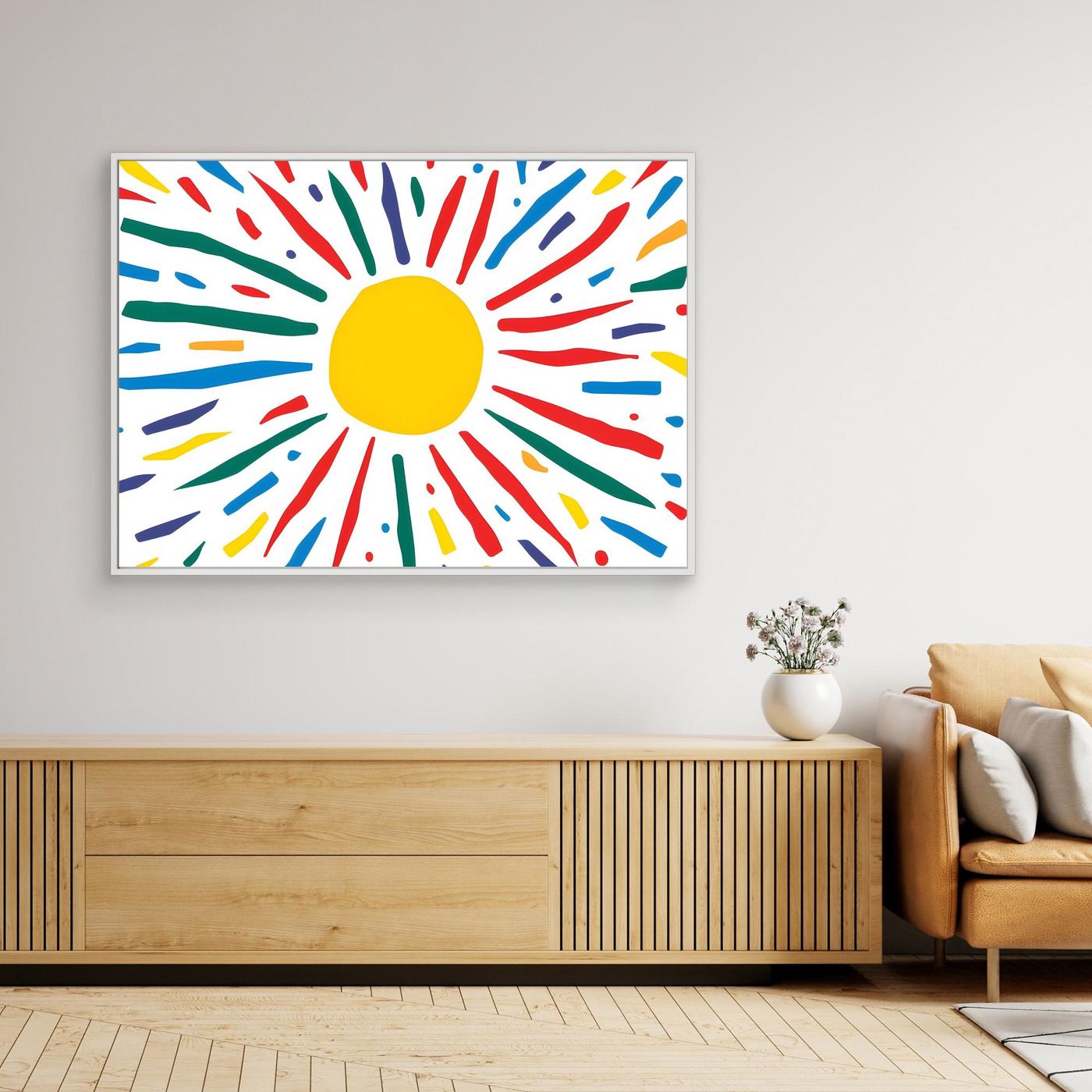Radiant Sunburst Abstract A vibrant abstract illustration featuring a bright yellow sun surrounded by colorful expressive rays. Inspired by sunshine and positive energy, this playful abstract artwork showcases a bold yellow circular center with colorful radiating strokes in red, blue, green, and yellow. The cheerful composition is ideal for children's spaces, modern interiors, educational environments, greeting cards, and creative design projects.