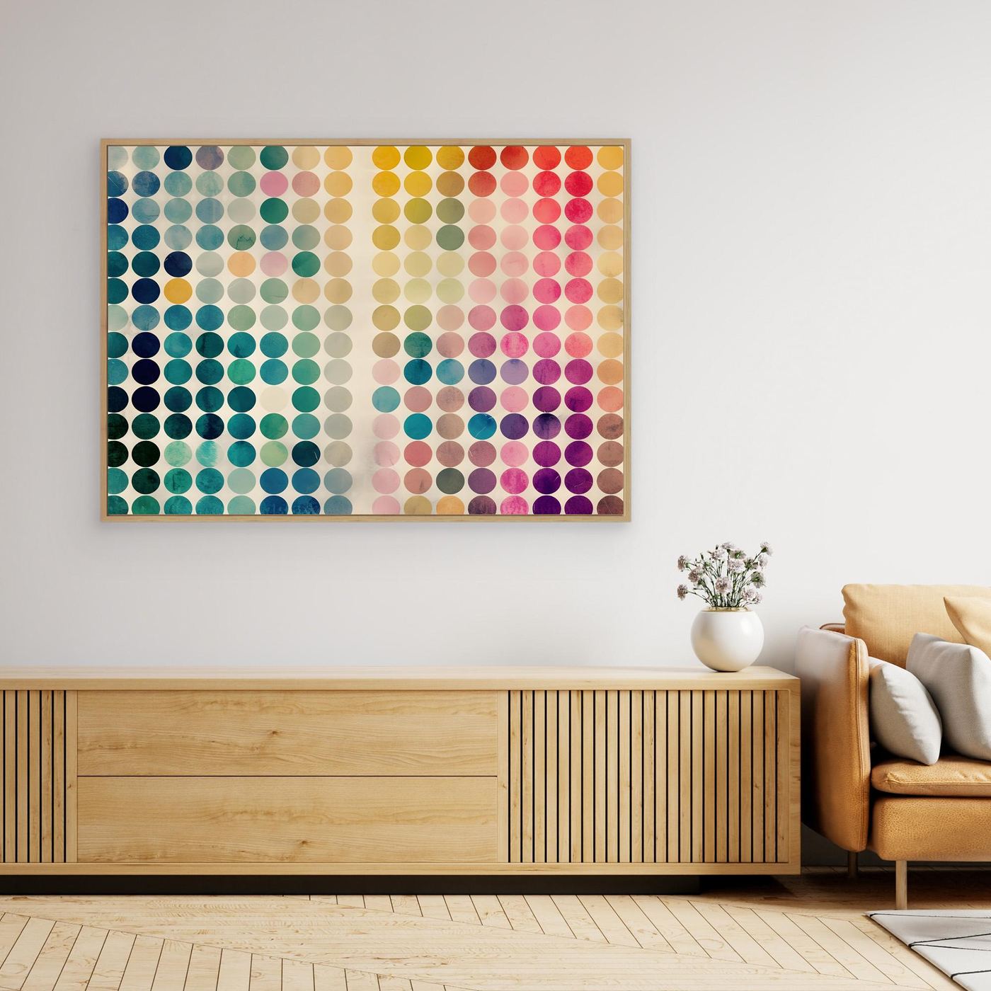 Modern Geometric Color Circle Abstract Artwork Featuring Vibrant Gradient Dot Pattern