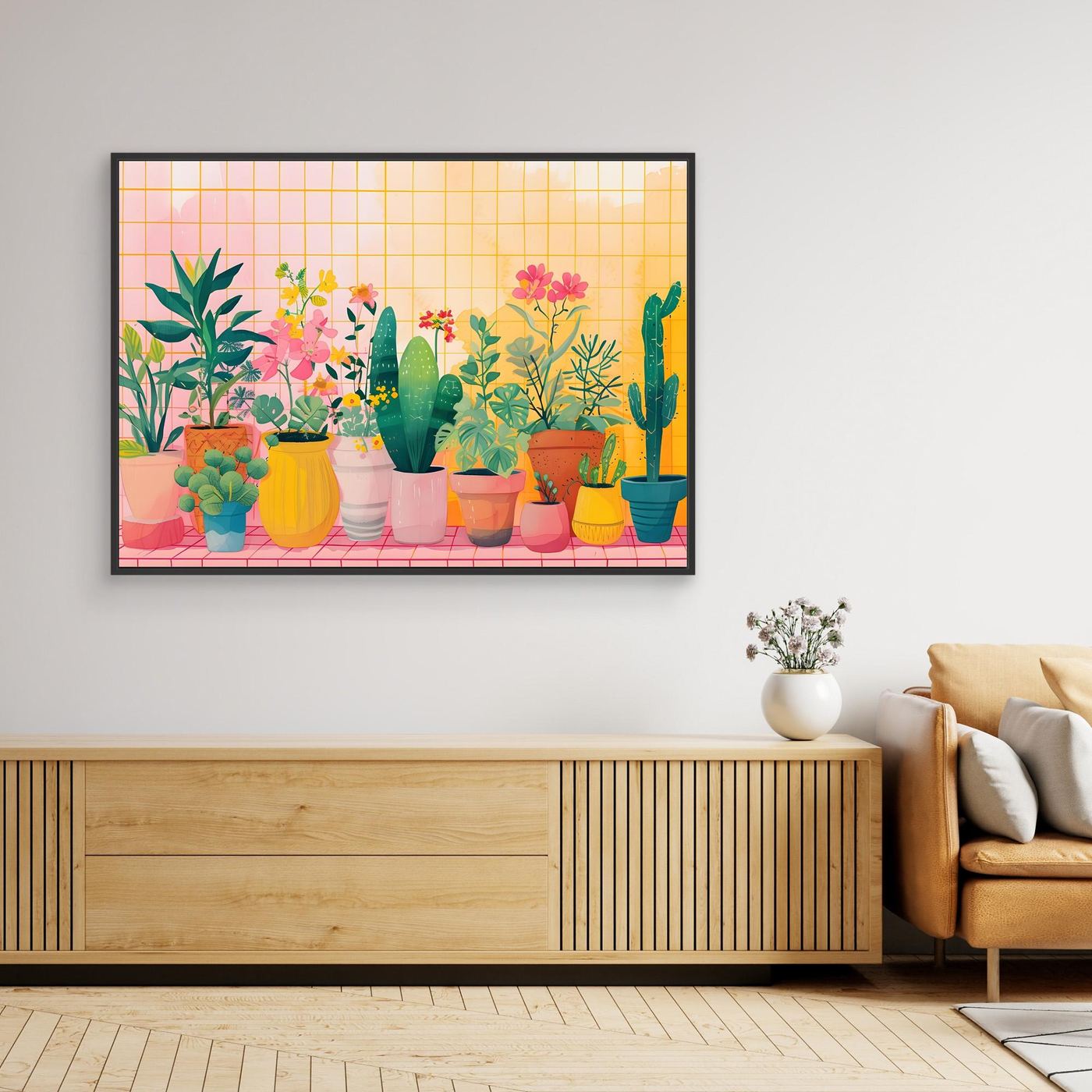 Modern Botanical Garden Illustration with Colorful Indoor Houseplants