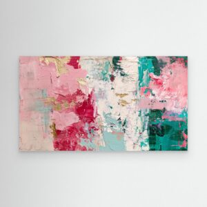Elegant Textured Abstract Canvas in Blush Pink, Teal & Gold Leaf Accents