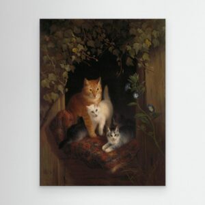 Mother Cat with Kittens | Vintage Oil Painting | Classic Animal Wall Art