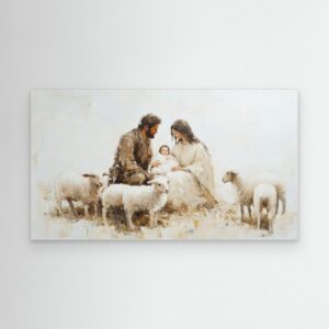 Holy Family with Sheep – Minimalist Christian Impressionist Painting