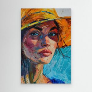 Expressive Abstract Portrait with Golden Hat and Vibrant Palette Knife Texture