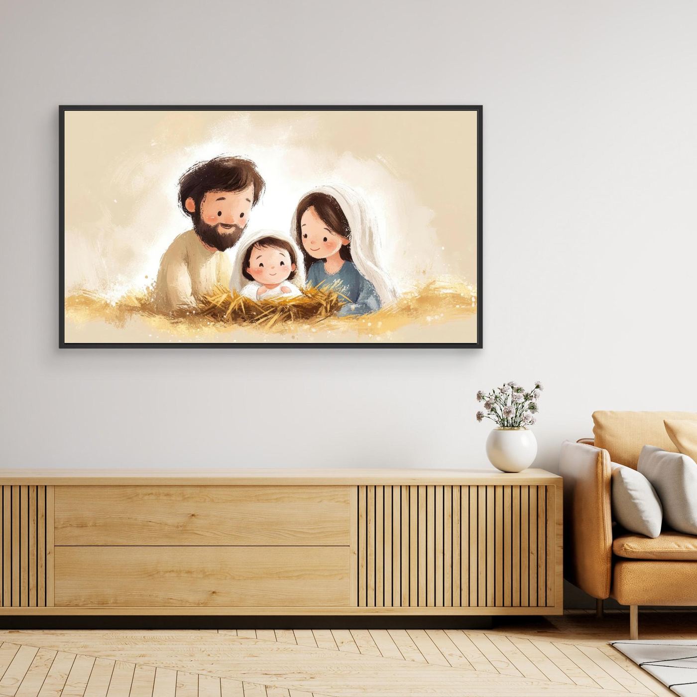 Cute Nativity Scene Illustration – Holy Family with Baby Jesus