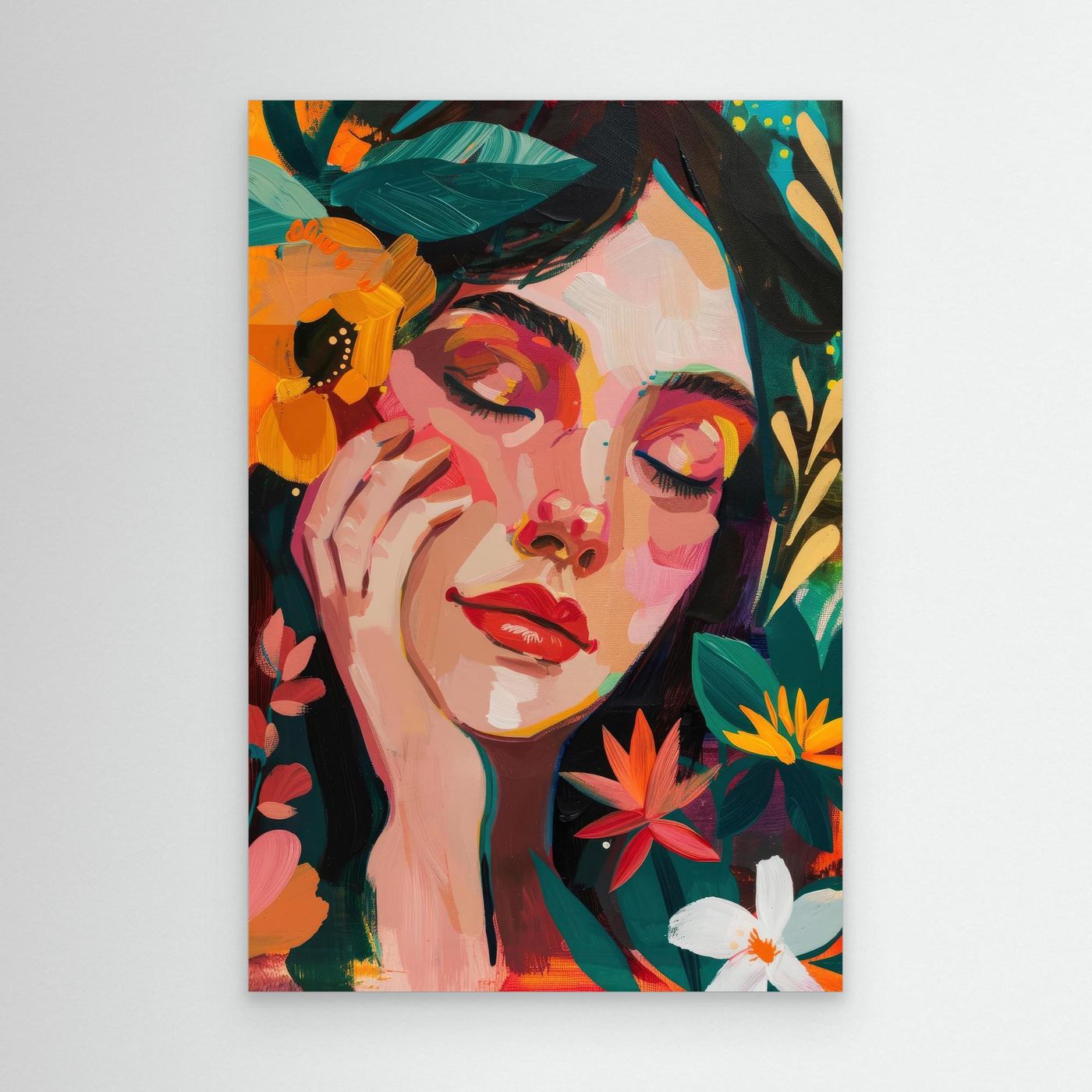 Abstract portrait, palette knife painting, colorful woman portrait, modern acrylic art