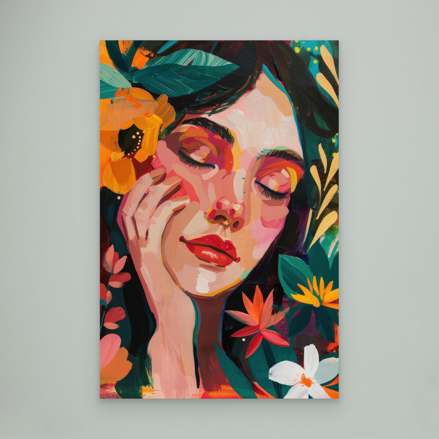 Abstract portrait, palette knife painting, colorful woman portrait, modern acrylic art