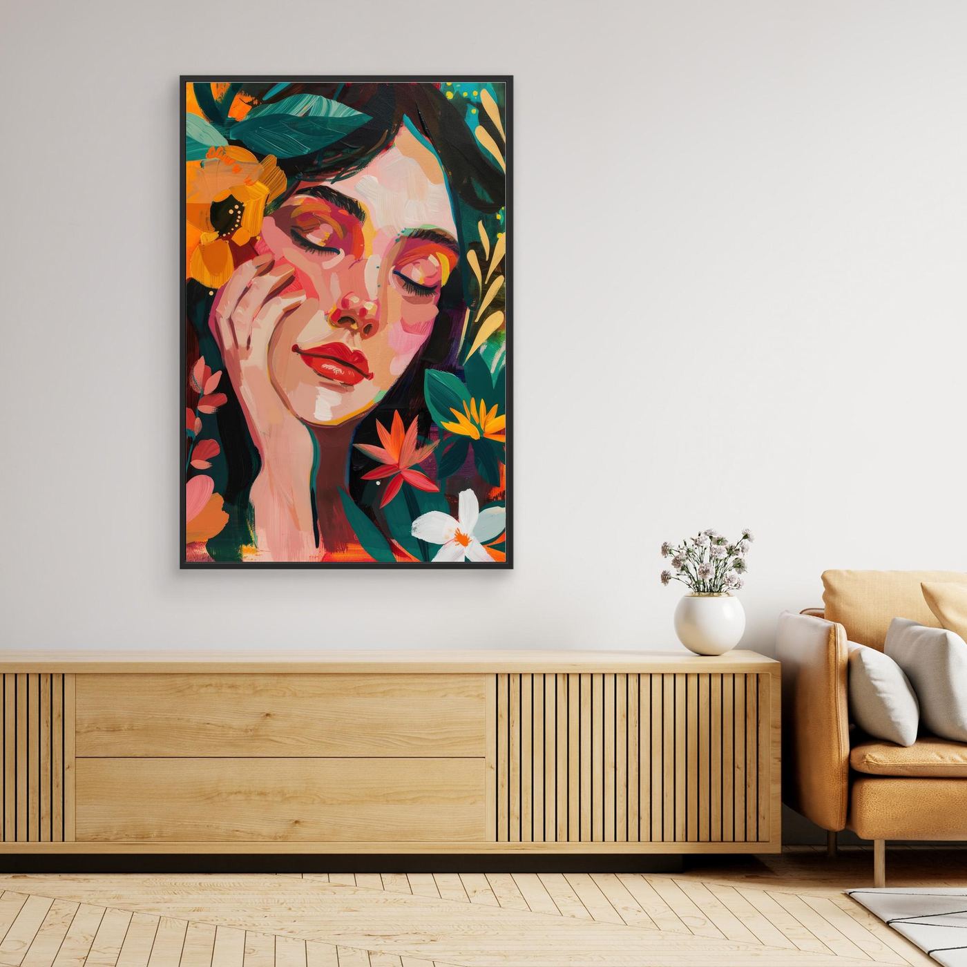 Abstract portrait, palette knife painting, colorful woman portrait, modern acrylic art