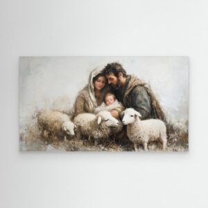 Holy Family with Lambs – Peaceful Nativity Oil Painting