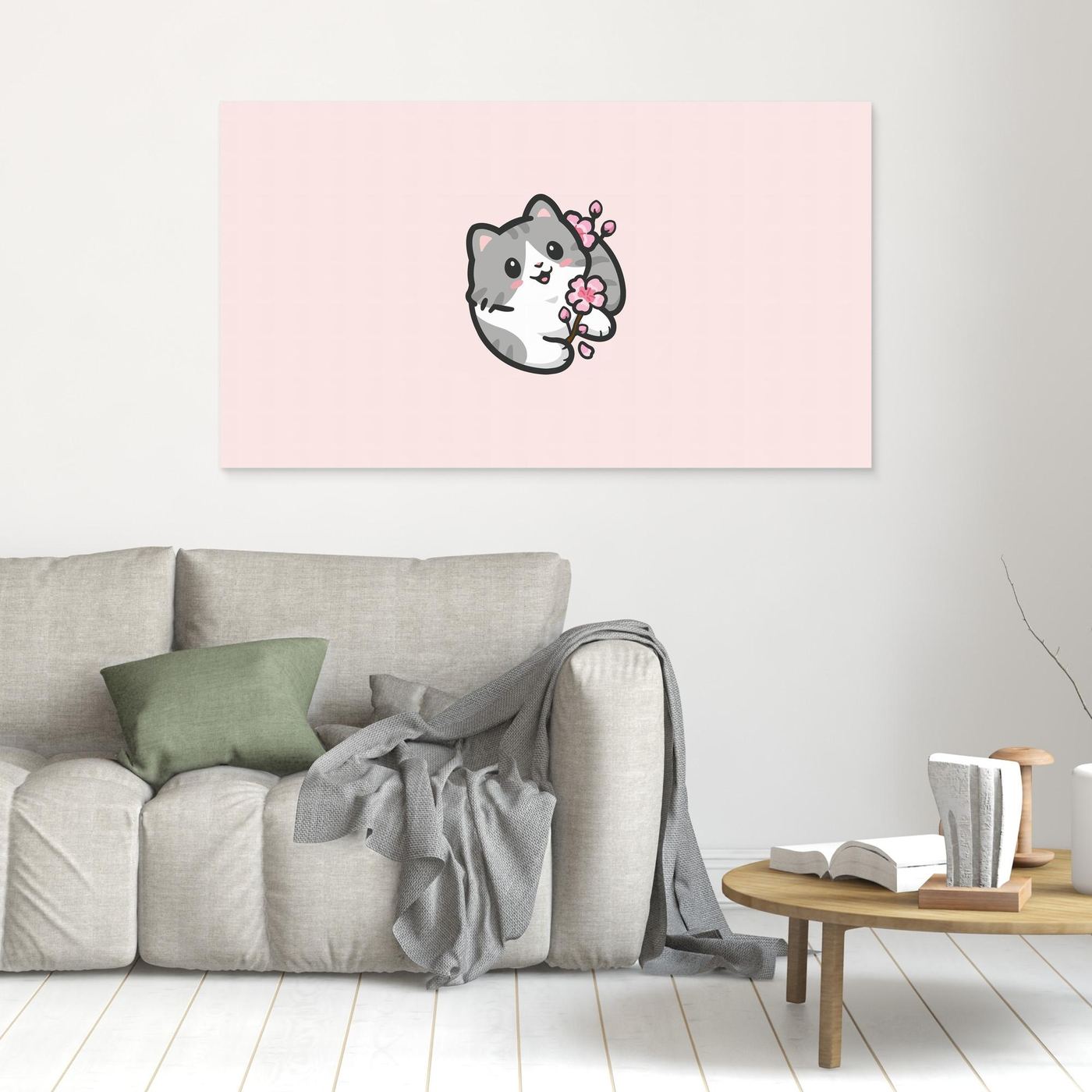 Cute Kawaii Cat Holding Cherry Blossom Illustration