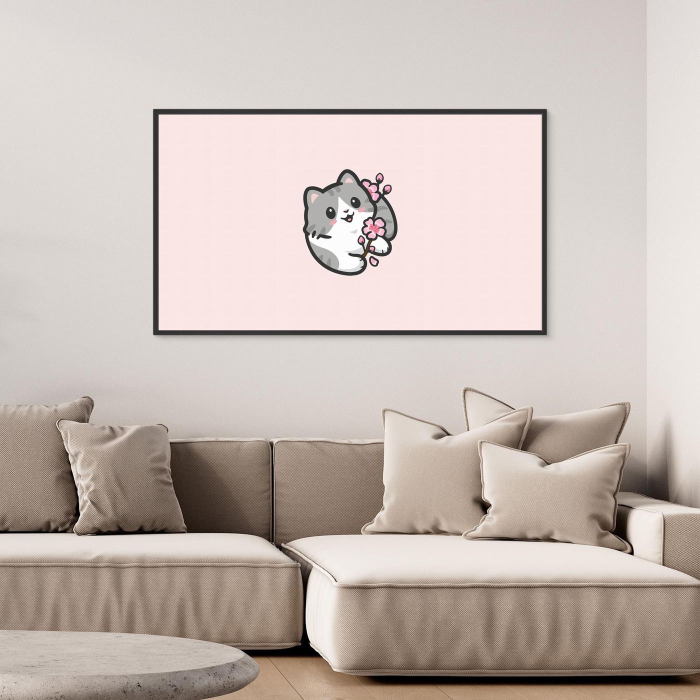 Cute Kawaii Cat Holding Cherry Blossom Illustration