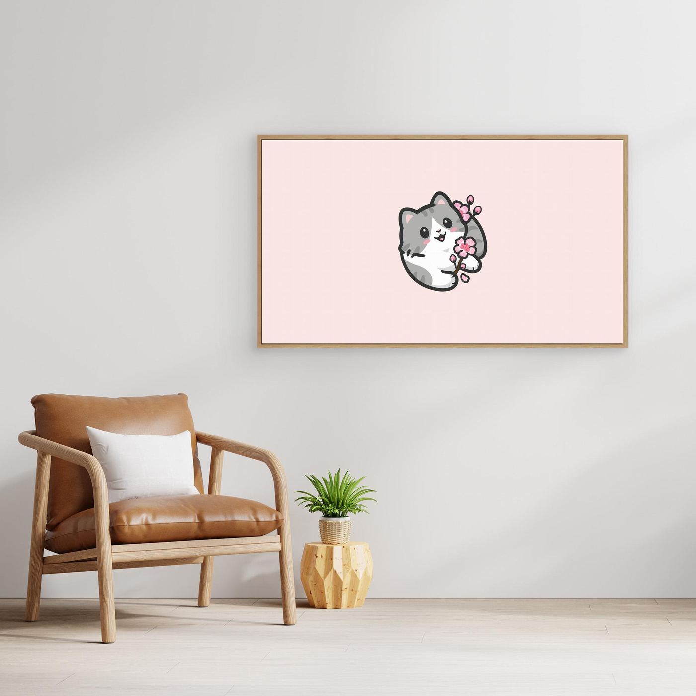 Cute Kawaii Cat Holding Cherry Blossom Illustration