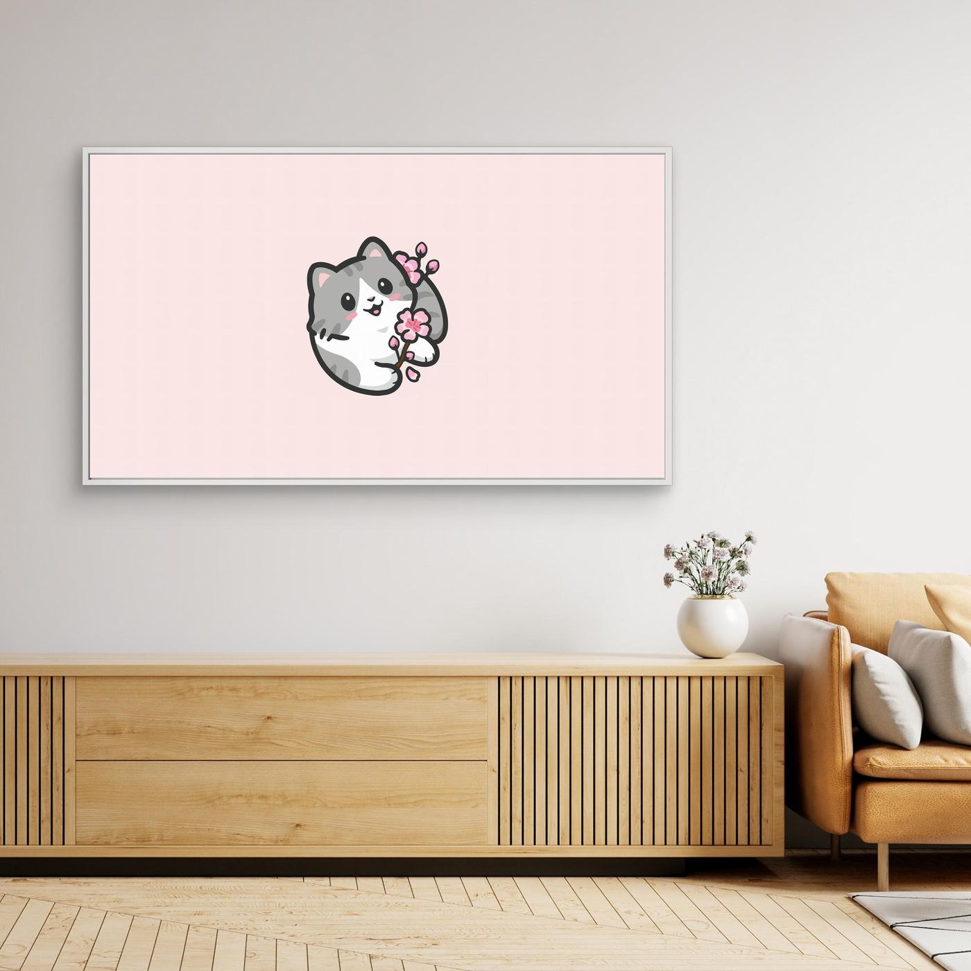 Cute Kawaii Cat Holding Cherry Blossom Illustration
