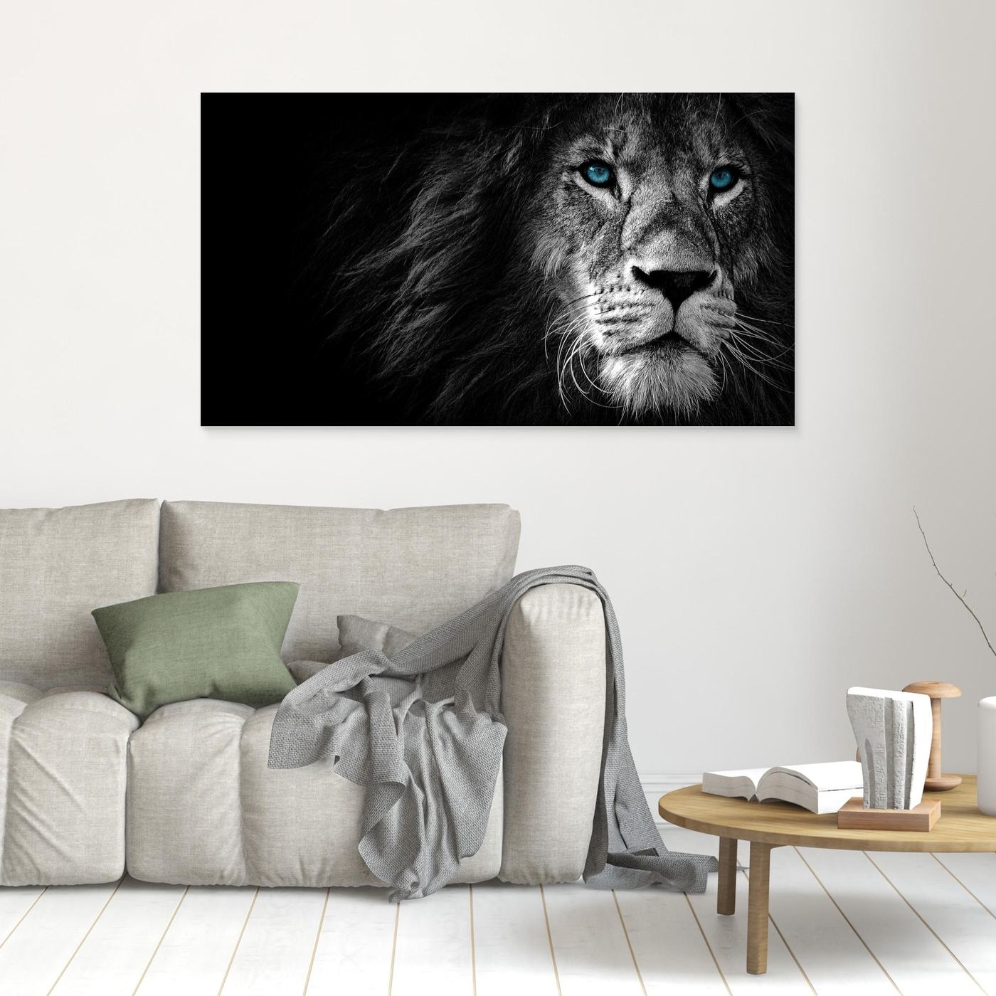 Majestic Blue-Eyed Lion Black & White 4K Wallpaper
