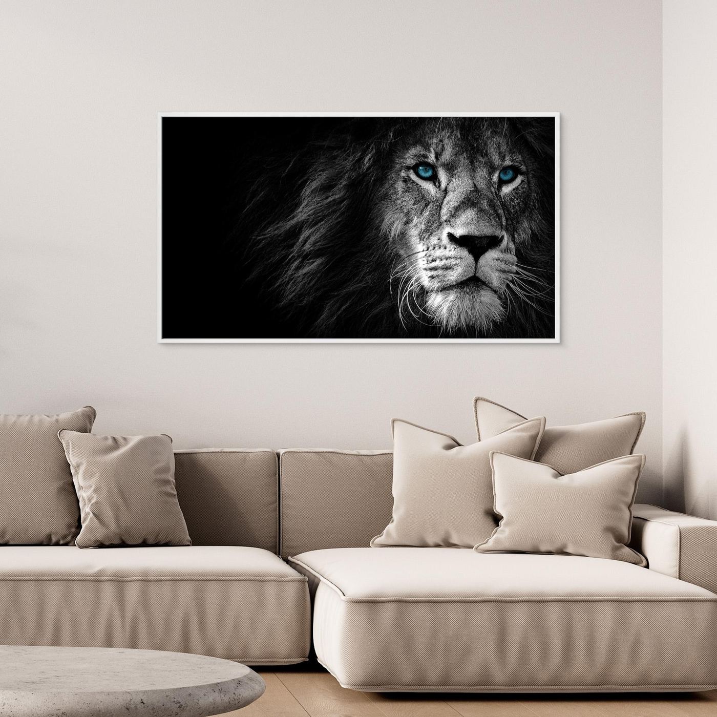 Majestic Blue-Eyed Lion Black & White 4K Wallpaper