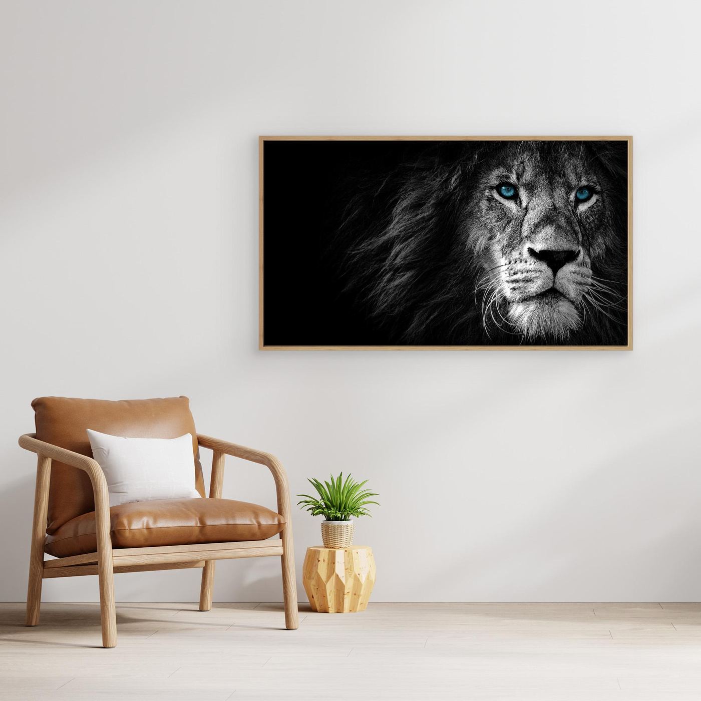 Majestic Blue-Eyed Lion Black & White 4K Wallpaper