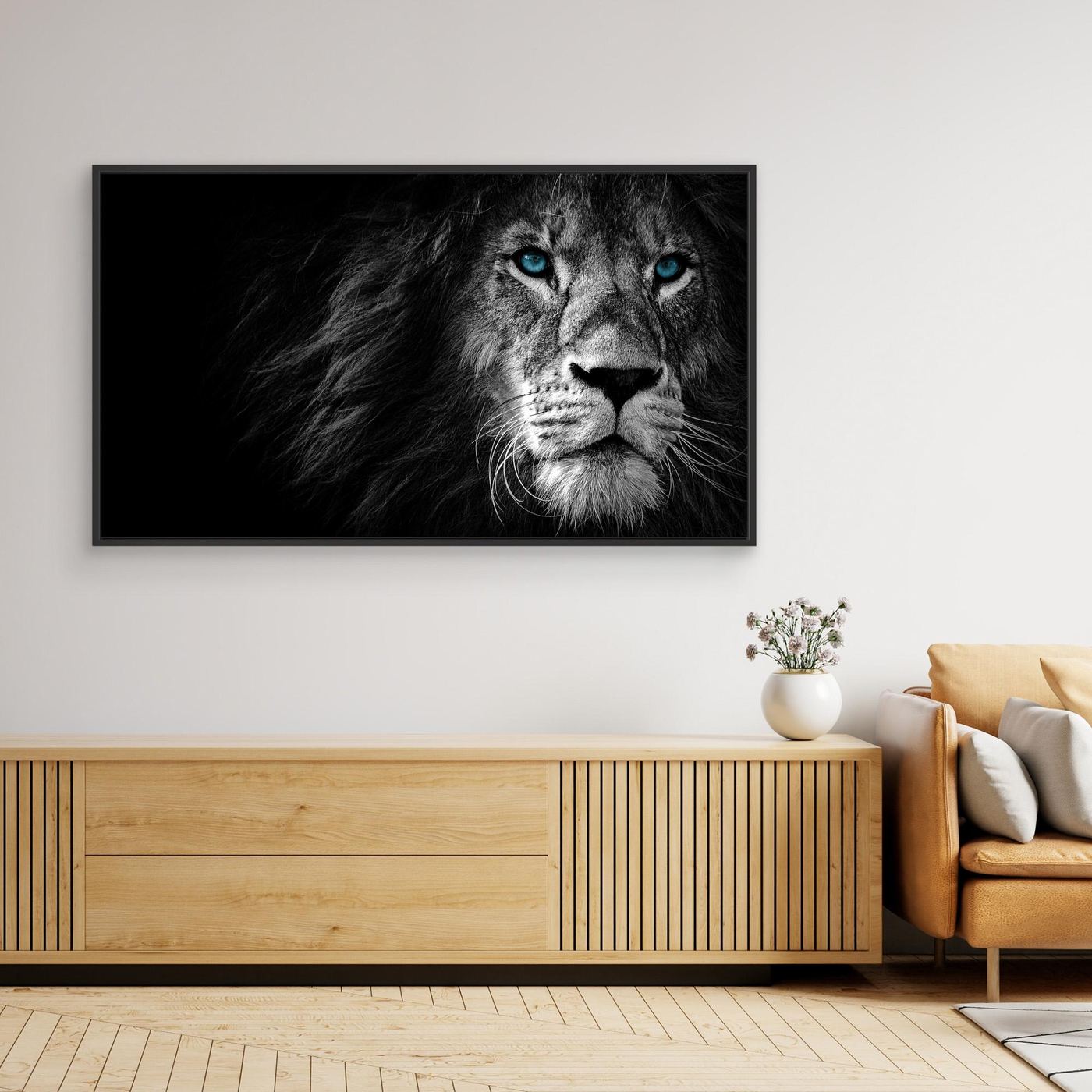 Majestic Blue-Eyed Lion Black & White 4K Wallpaper