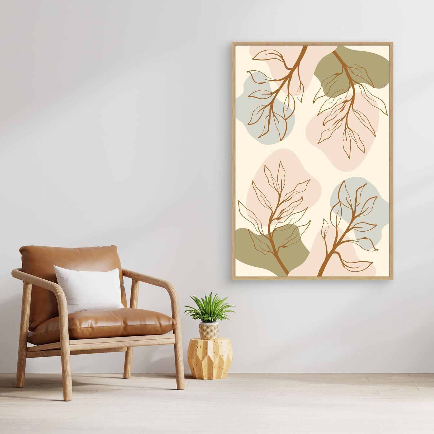 Minimalist Boho Botanical Abstract Background with Neutral Earth Tone Leaves and Organic Shapes