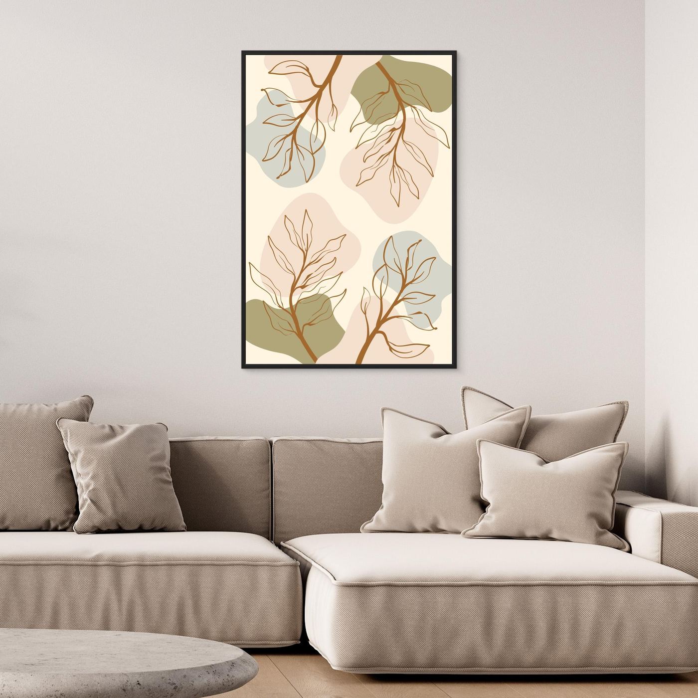 Minimalist Boho Botanical Abstract Background with Neutral Earth Tone Leaves and Organic Shapes
