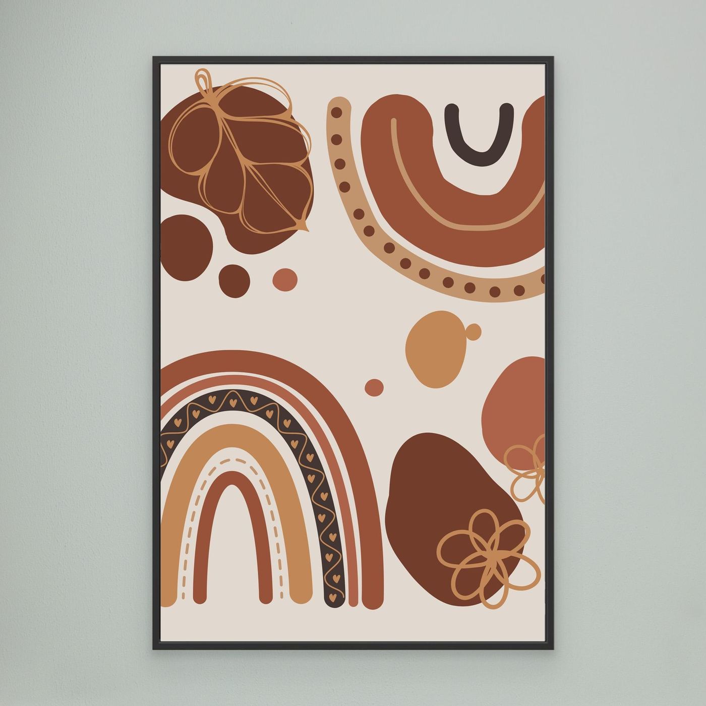 Boho Rainbow Abstract Background with Organic Shapes, Floral Elements and Earth Tone Colors