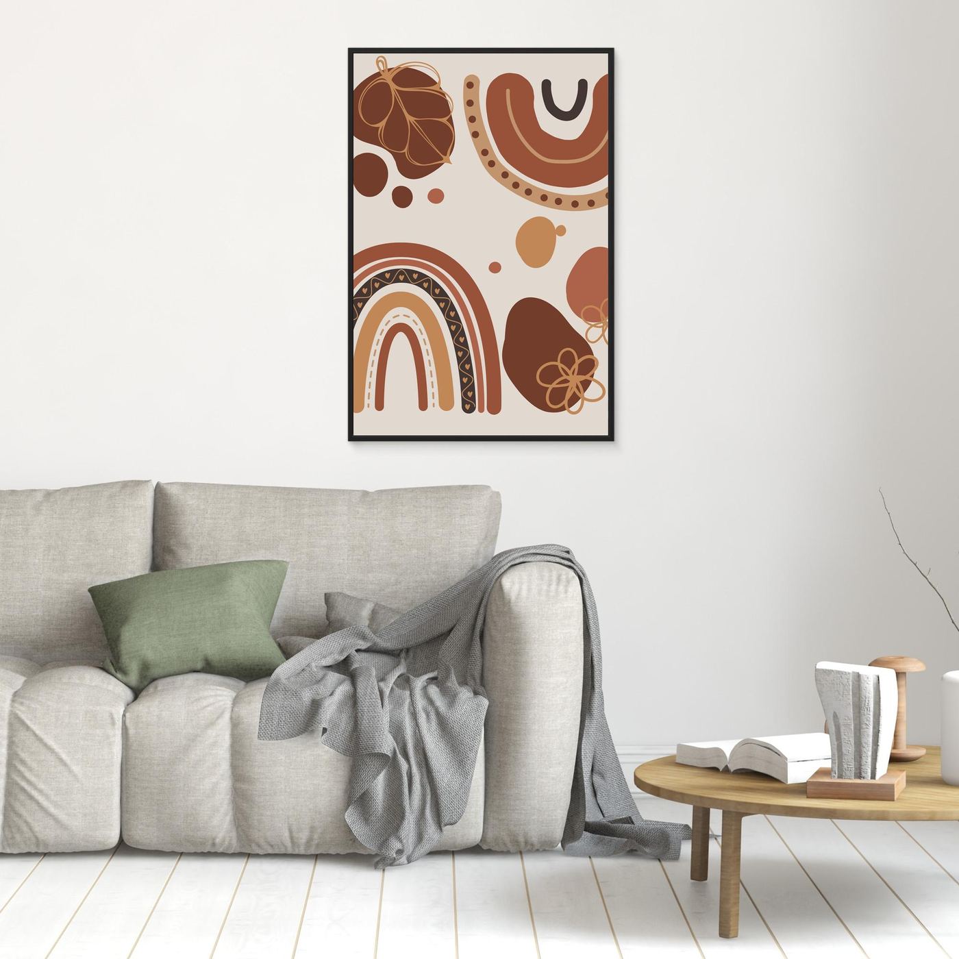 Boho Rainbow Abstract Background with Organic Shapes, Floral Elements and Earth Tone Colors