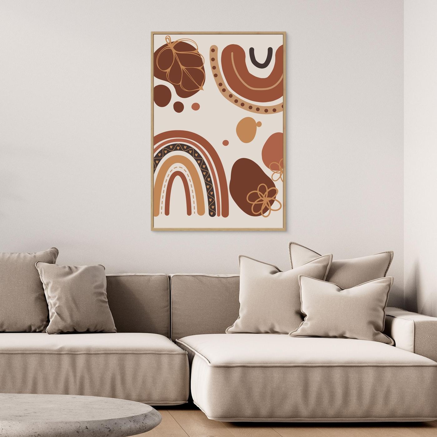 Boho Rainbow Abstract Background with Organic Shapes, Floral Elements and Earth Tone Colors