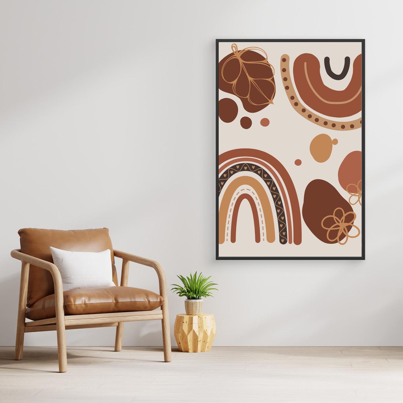 Boho Rainbow Abstract Background with Organic Shapes, Floral Elements and Earth Tone Colors