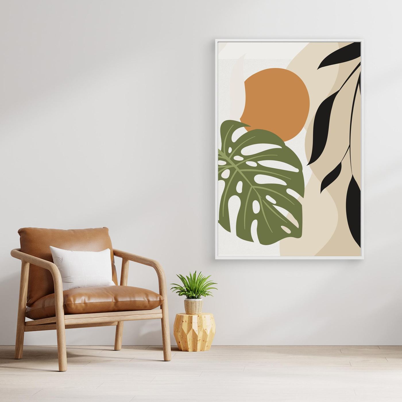 Minimal Tropical Monstera Leaf Background with Organic Shapes and Modern Neutral Design