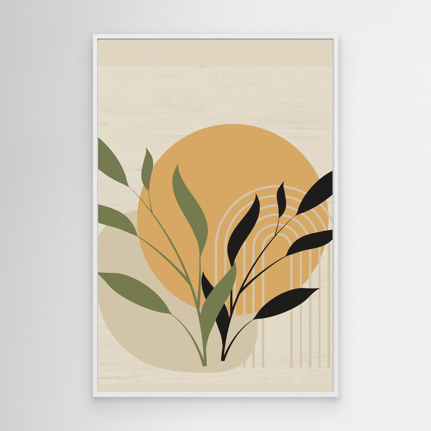 Modern Botanical Abstract Background with Sun, Geometric Arch and Minimal Leaves