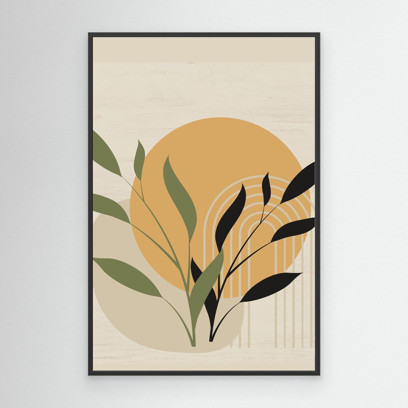 Modern Botanical Abstract Background with Sun, Geometric Arch and Minimal Leaves
