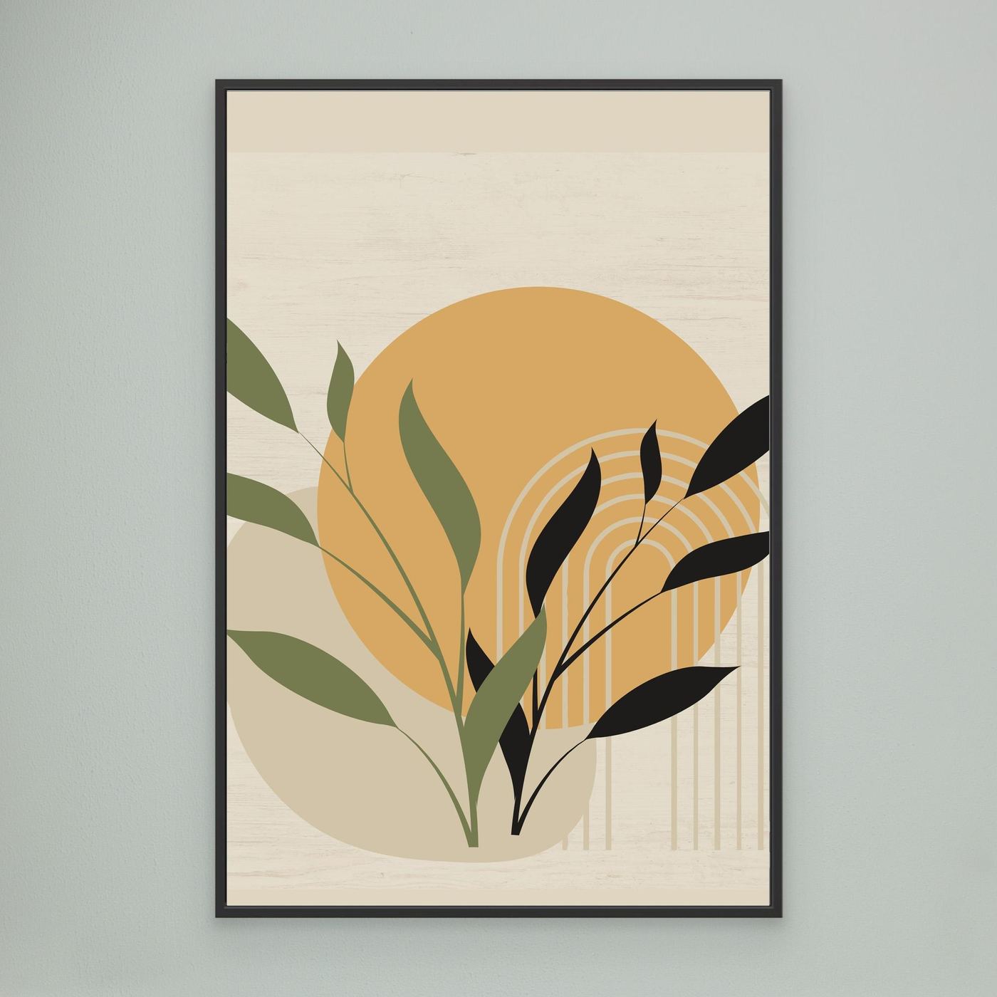 Modern Botanical Abstract Background with Sun, Geometric Arch and Minimal Leaves