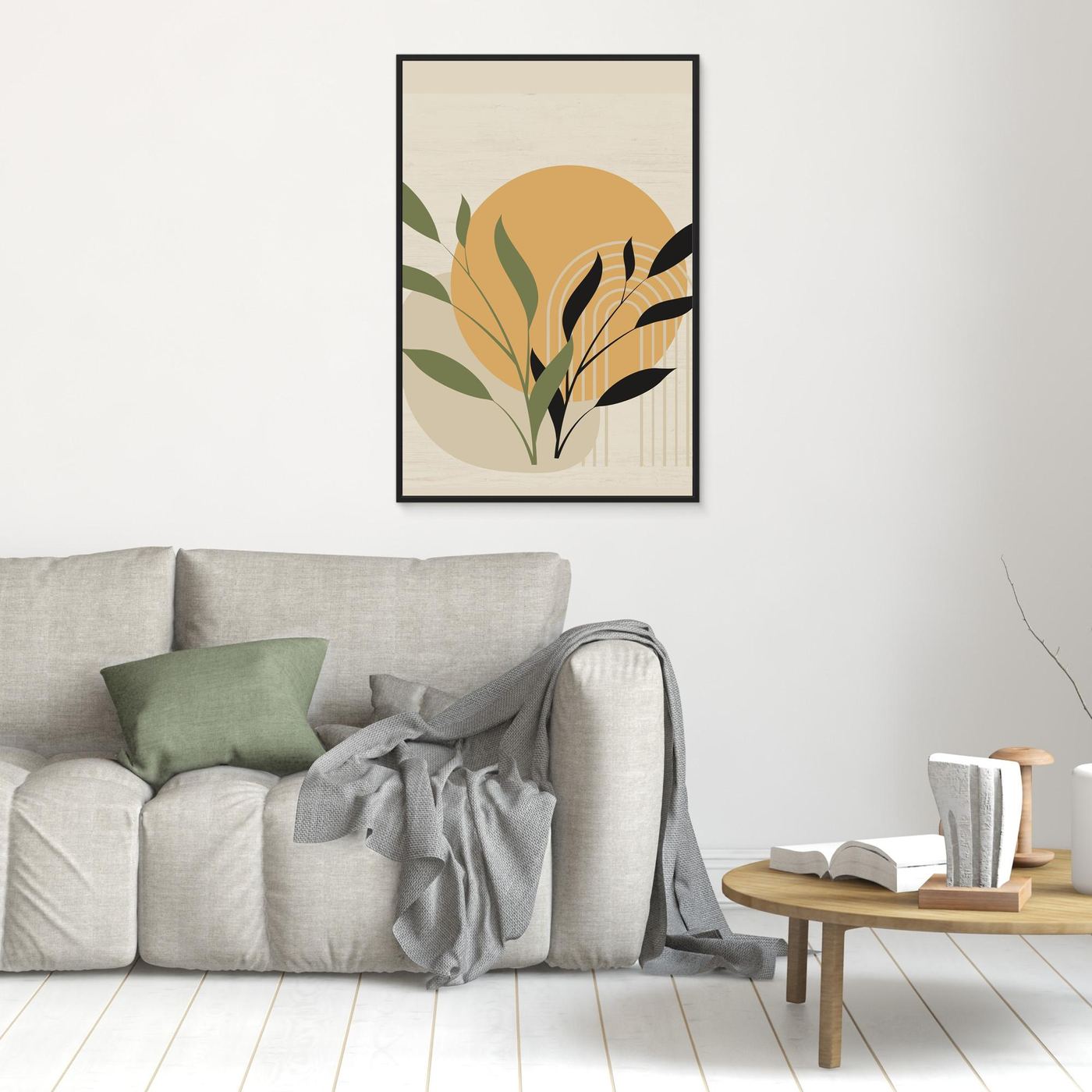 Modern Botanical Abstract Background with Sun, Geometric Arch and Minimal Leaves