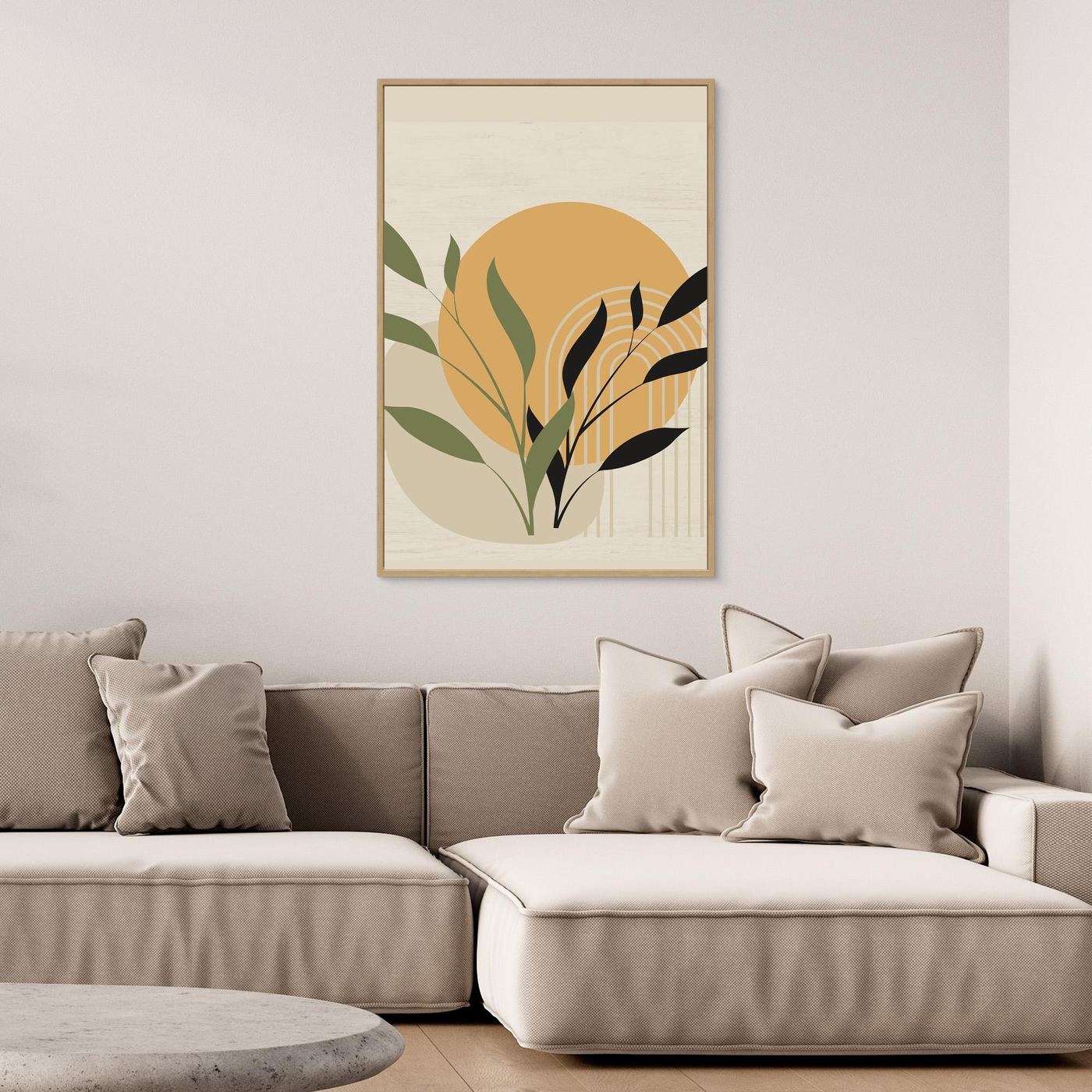 Modern Botanical Abstract Background with Sun, Geometric Arch and Minimal Leaves