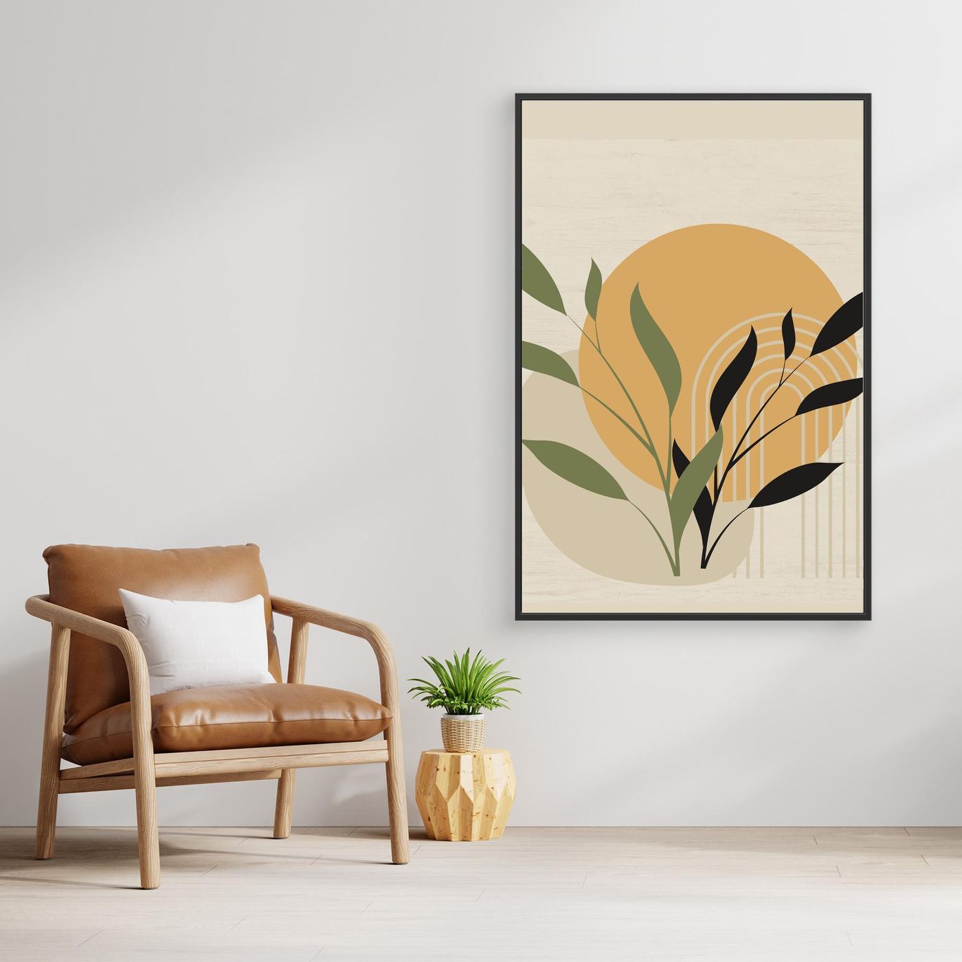 Modern Botanical Abstract Background with Sun, Geometric Arch and Minimal Leaves