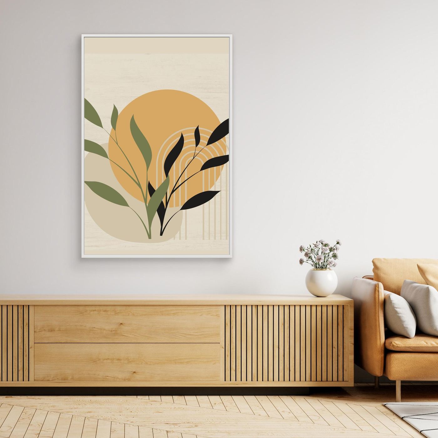 Modern Botanical Abstract Background with Sun, Geometric Arch and Minimal Leaves