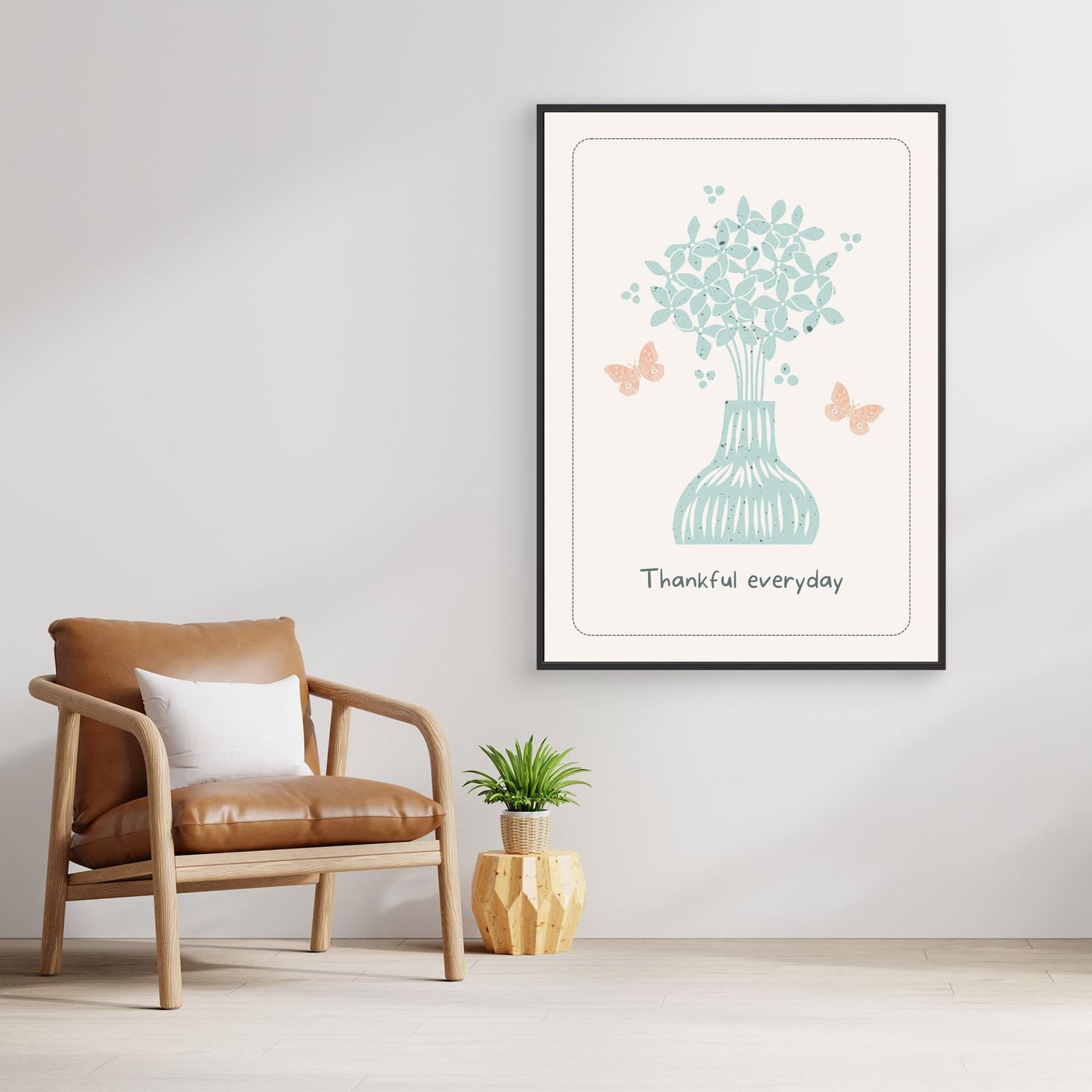 Minimal Floral Vase Wall Art | Thankful Everyday Quote Print | Pastel Botanical Home Decor