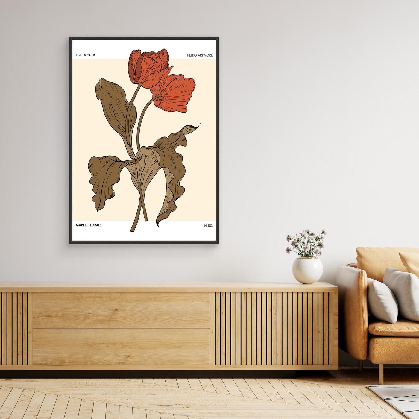 Retro Botanical Flower Poster with Minimal Floral Illustration
