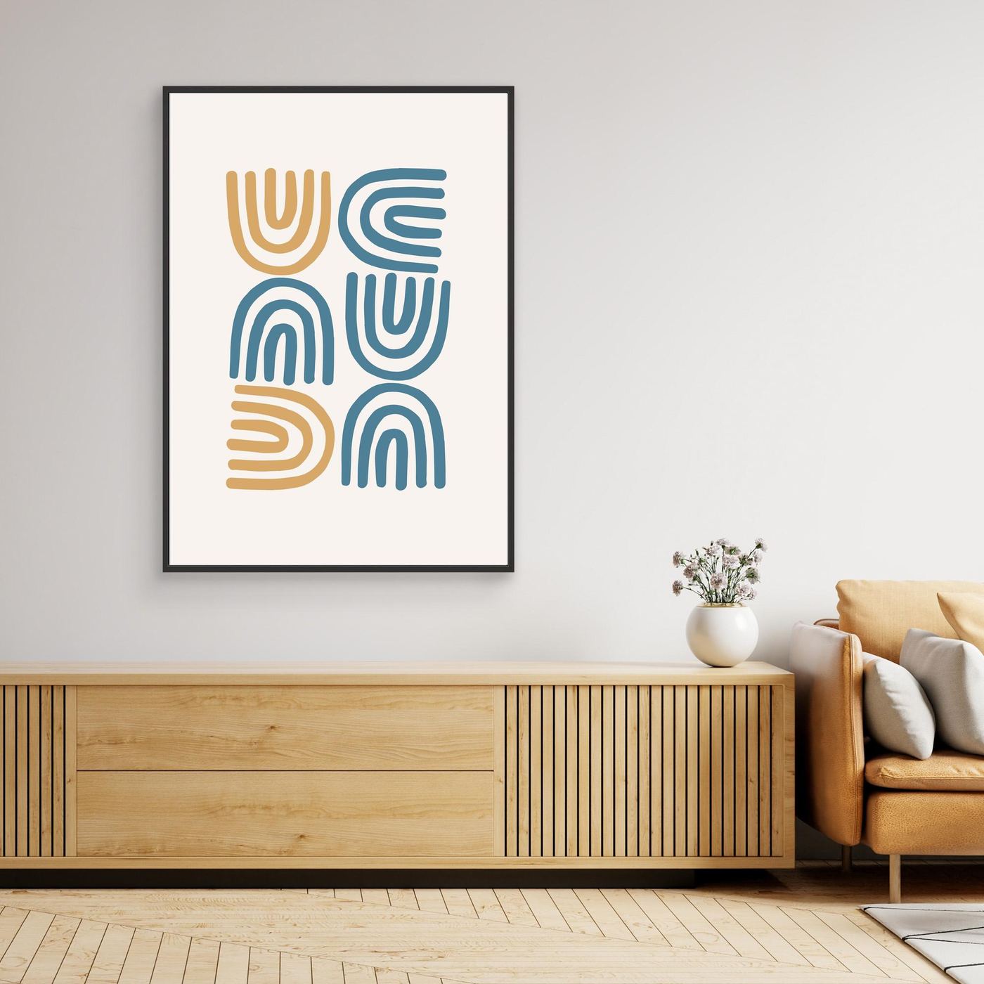 Abstract Geometric Line Art Poster in Blue and Beige