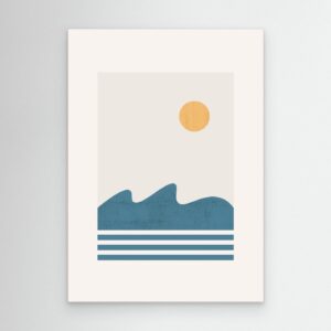 Minimalist Ocean Landscape Poster with Golden Sun and Blue Waves