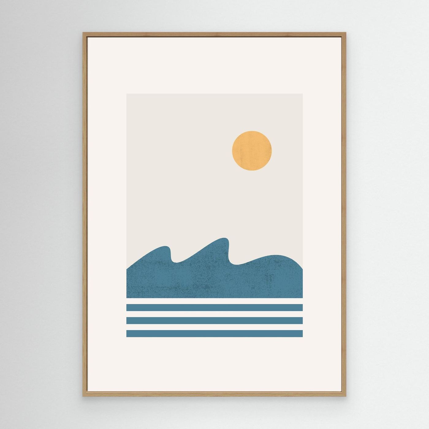 Minimalist Ocean Landscape Poster with Golden Sun and Blue Waves