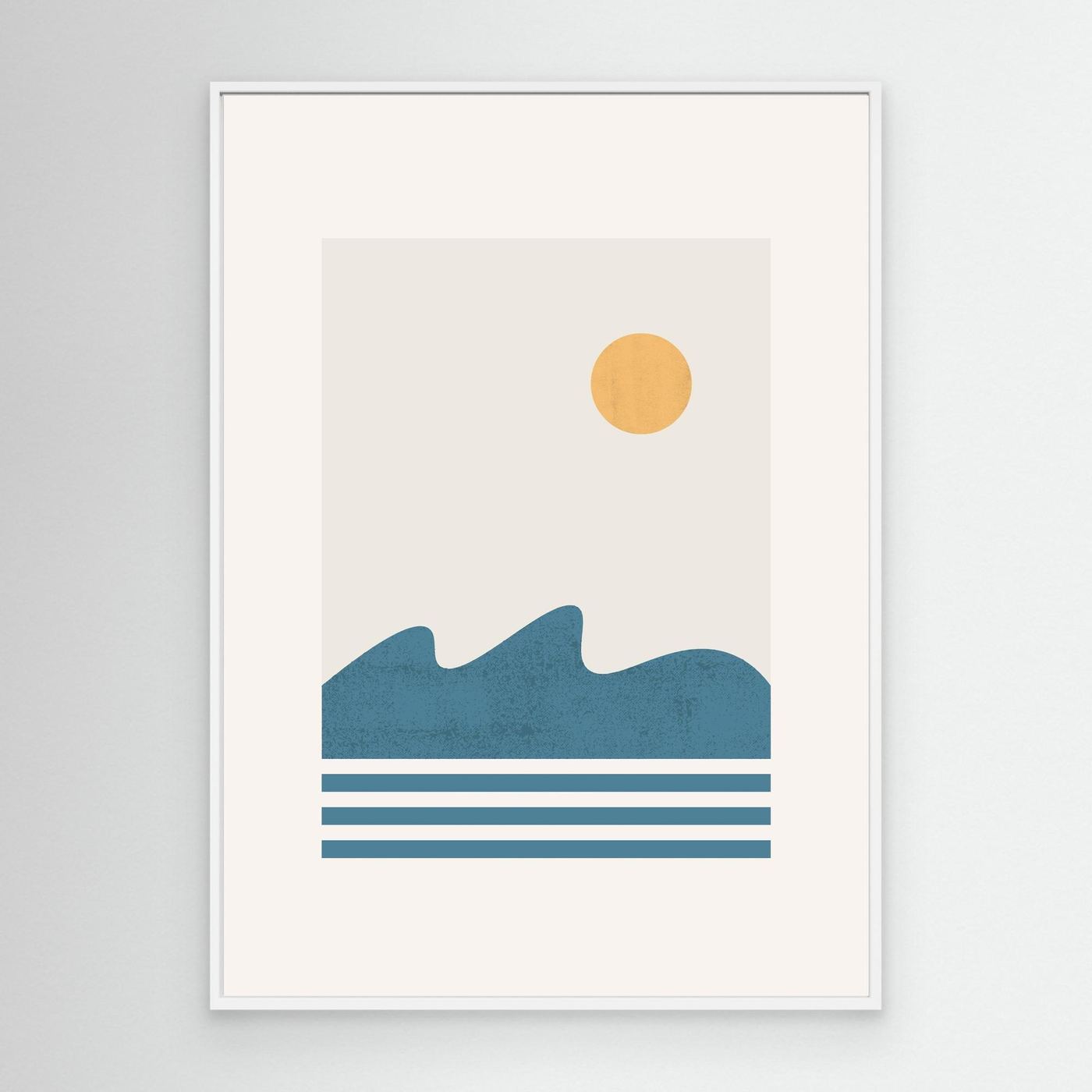 Minimalist Ocean Landscape Poster with Golden Sun and Blue Waves
