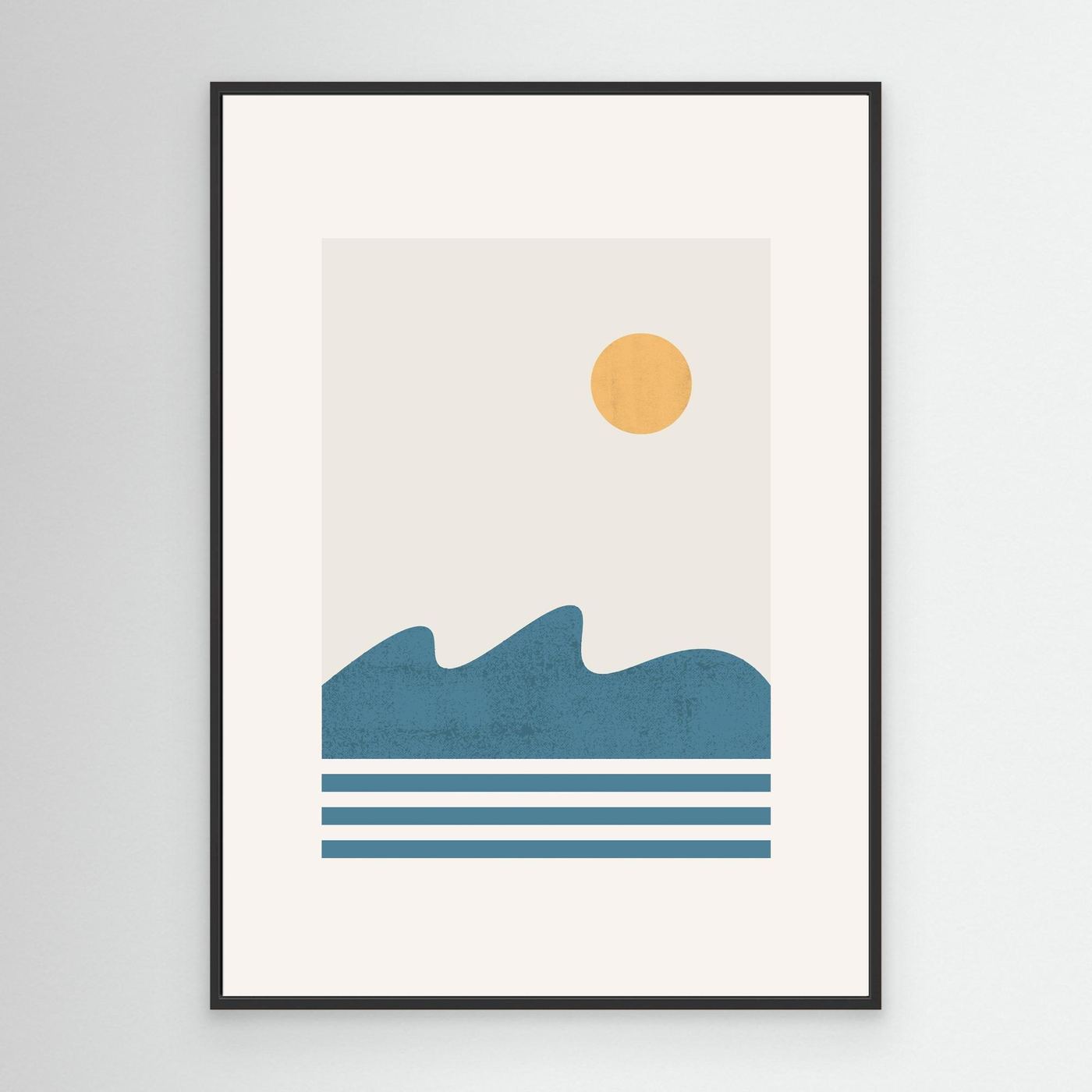 Minimalist Ocean Landscape Poster with Golden Sun and Blue Waves