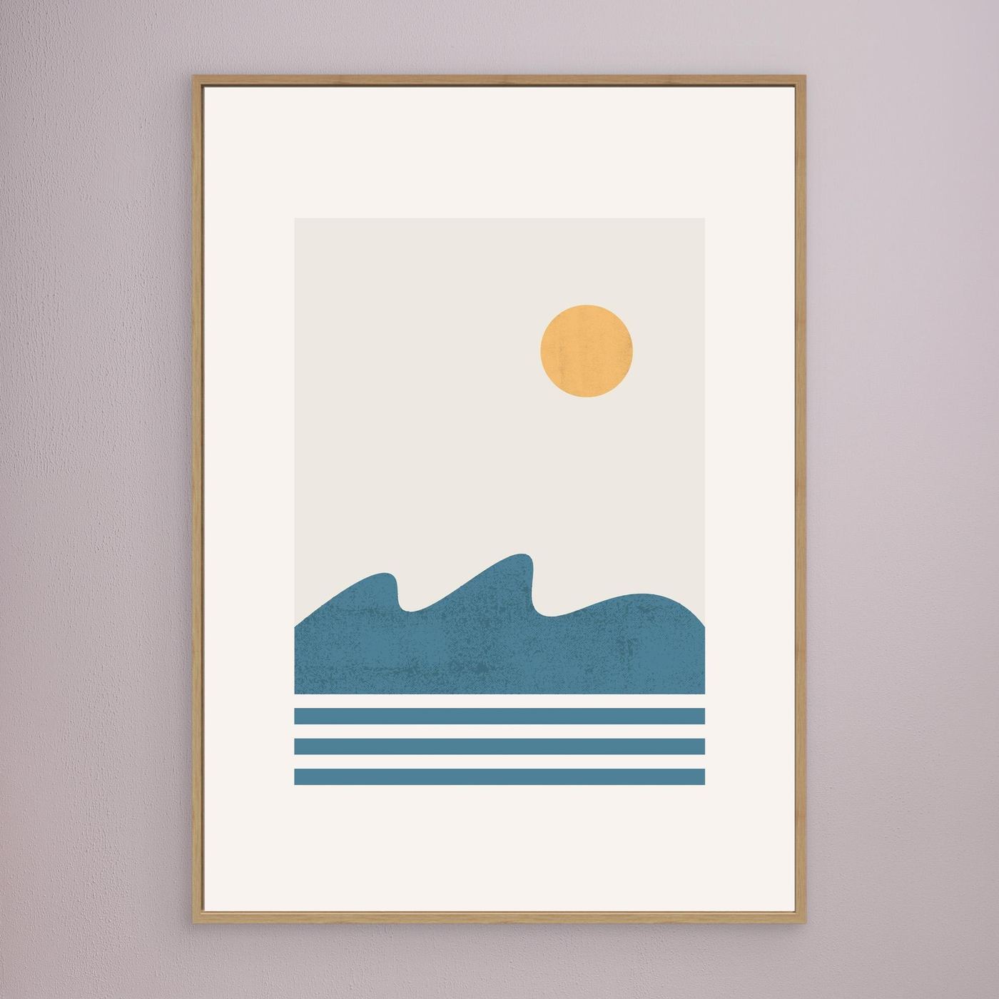 Minimalist Ocean Landscape Poster with Golden Sun and Blue Waves